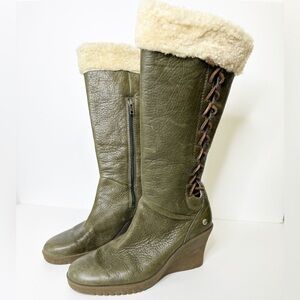 UGG Shearling Wedges Womens Size 7 Leather Green Sheepskin Mid Calf Laces